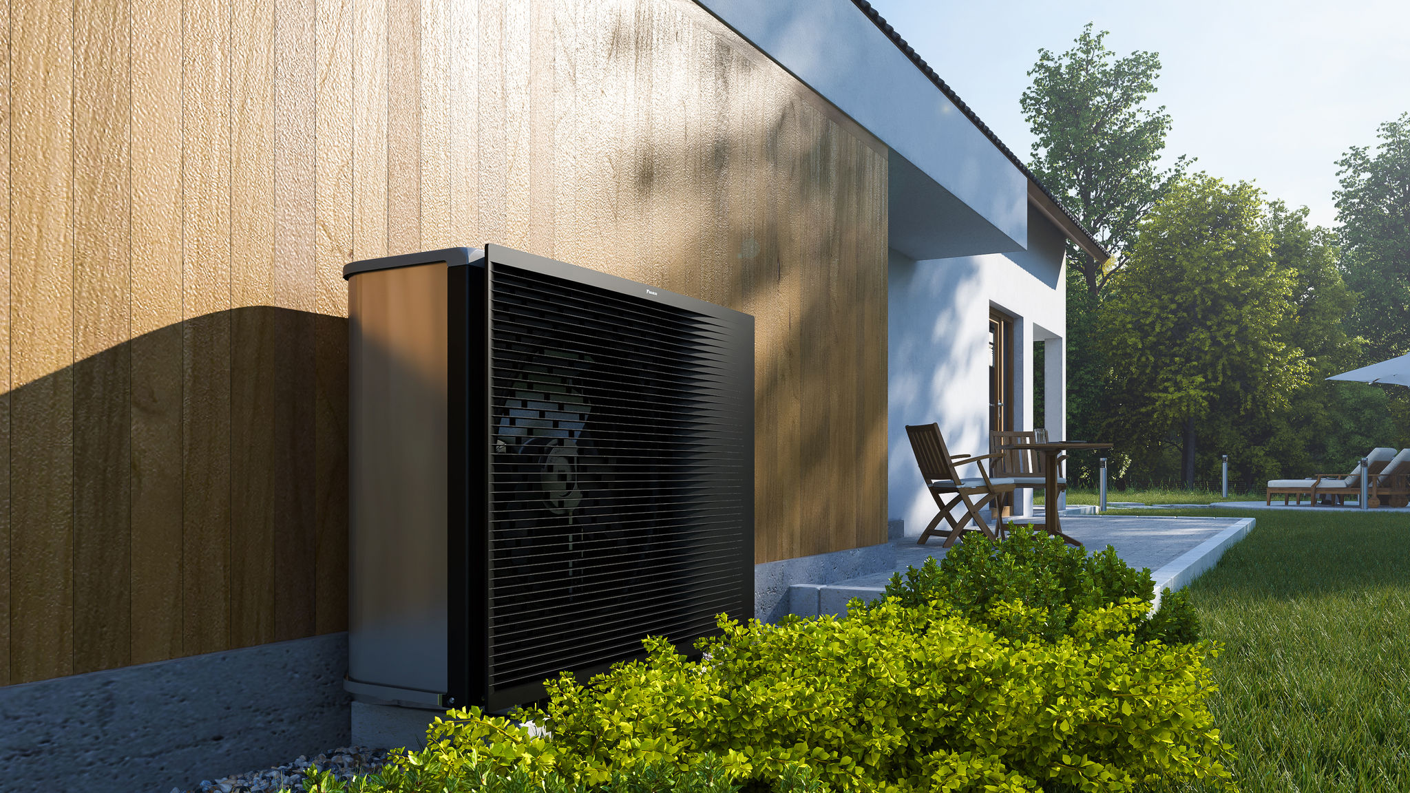 Black colored heat pump outdoor unit integrated in the garden
